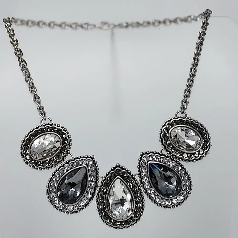 Statement Necklace Rhinestone Teardrop Smoke Clear Bib Necklace Bling Glam Retro